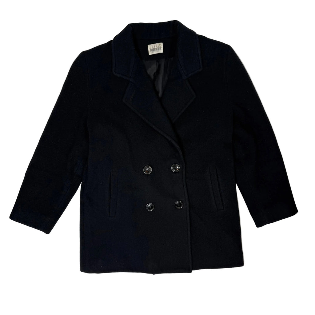 Vintage 90s Women’s Medium Leslie Fay Petites Black Wool Double Breasted Coat