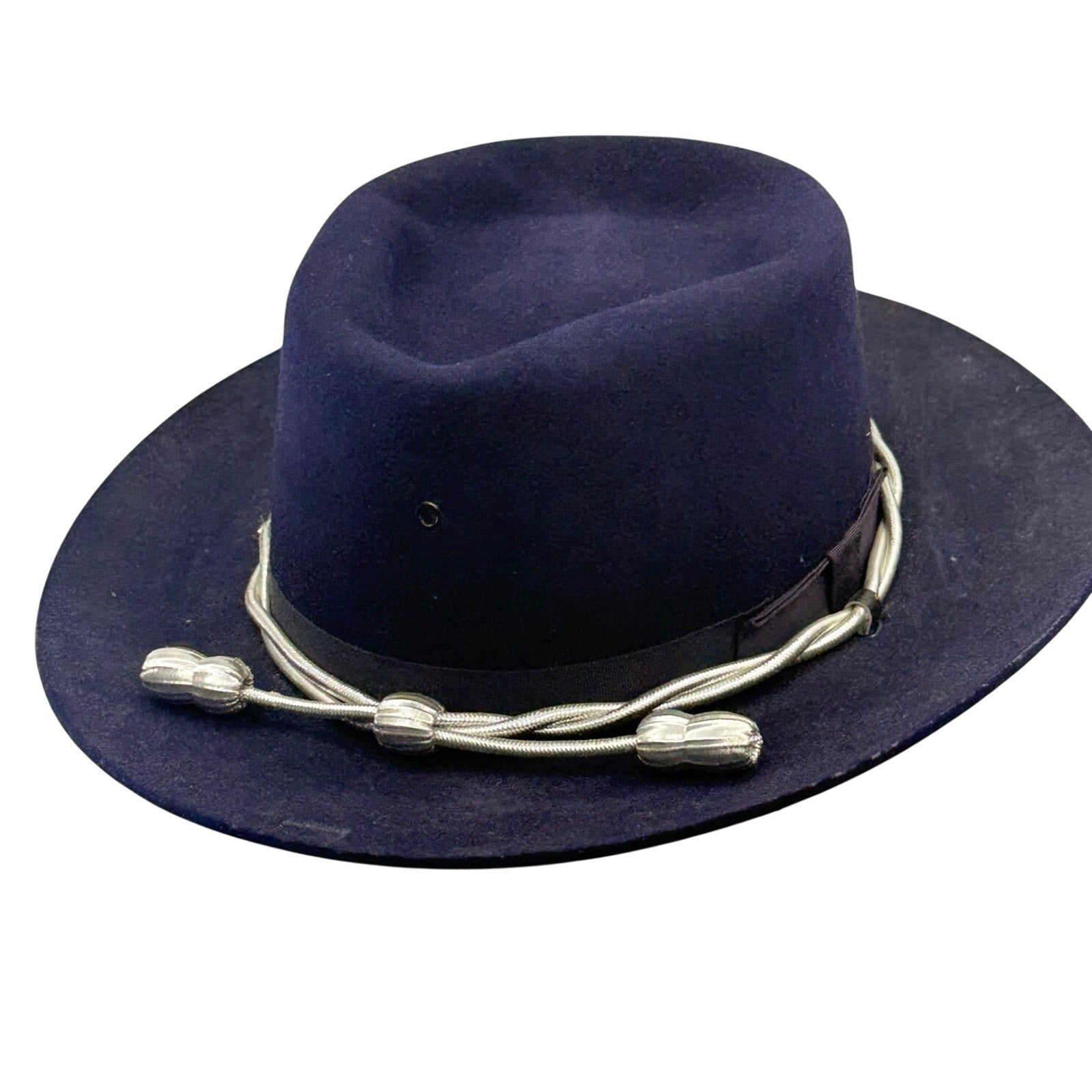 Vintage 5X Beaver Quality Navy Fur Felt Western Fedora Hat Chin Strap