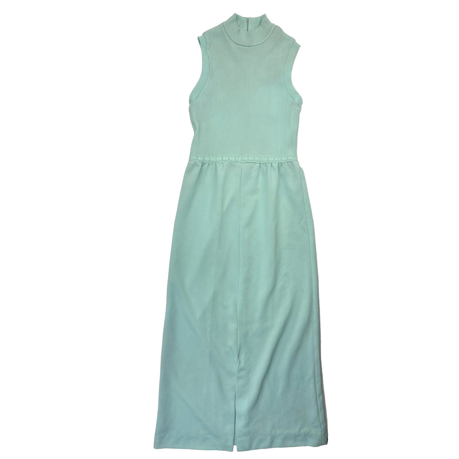 Vintage 70s Women's Small Maxi Dress Alison Ayers Mint Sleeveless Rib Knit Lace