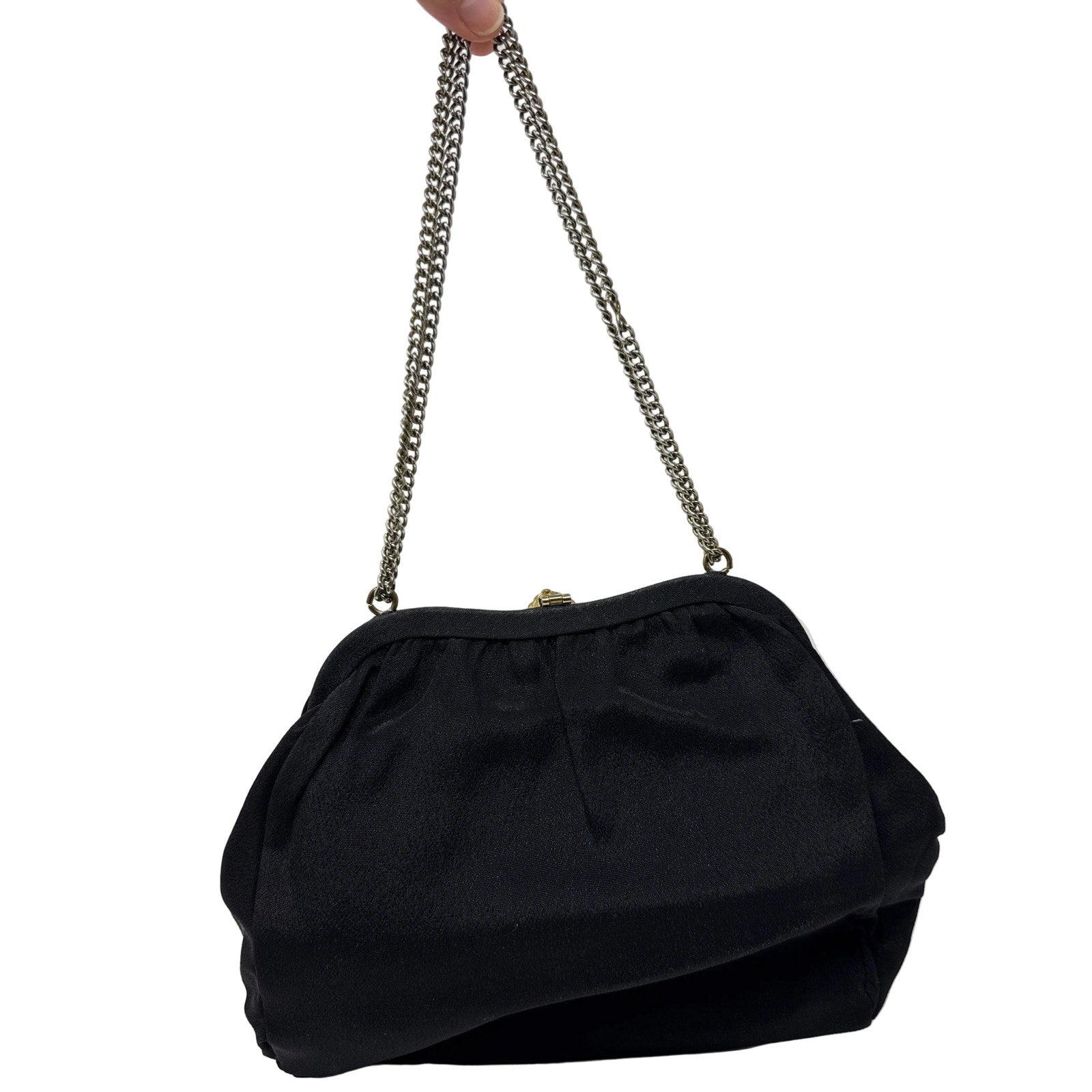 Vintage 40s Black Satin Crepe Chain Strap Evening Bag Purse
