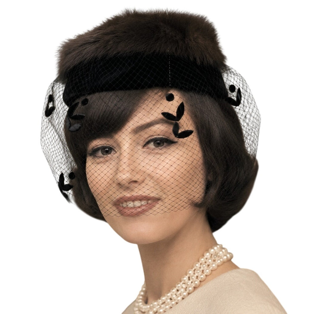 Vintage 1960s Brown Fur Ring Hat Black Velvet Veil Fascinator