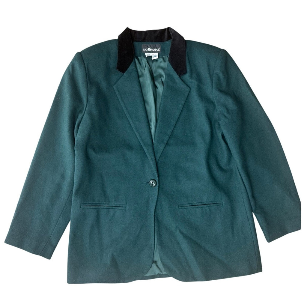 Vintage 80s Sag Harbor Wool Suit Green Skirt Set Velvet Collar Jacket 14