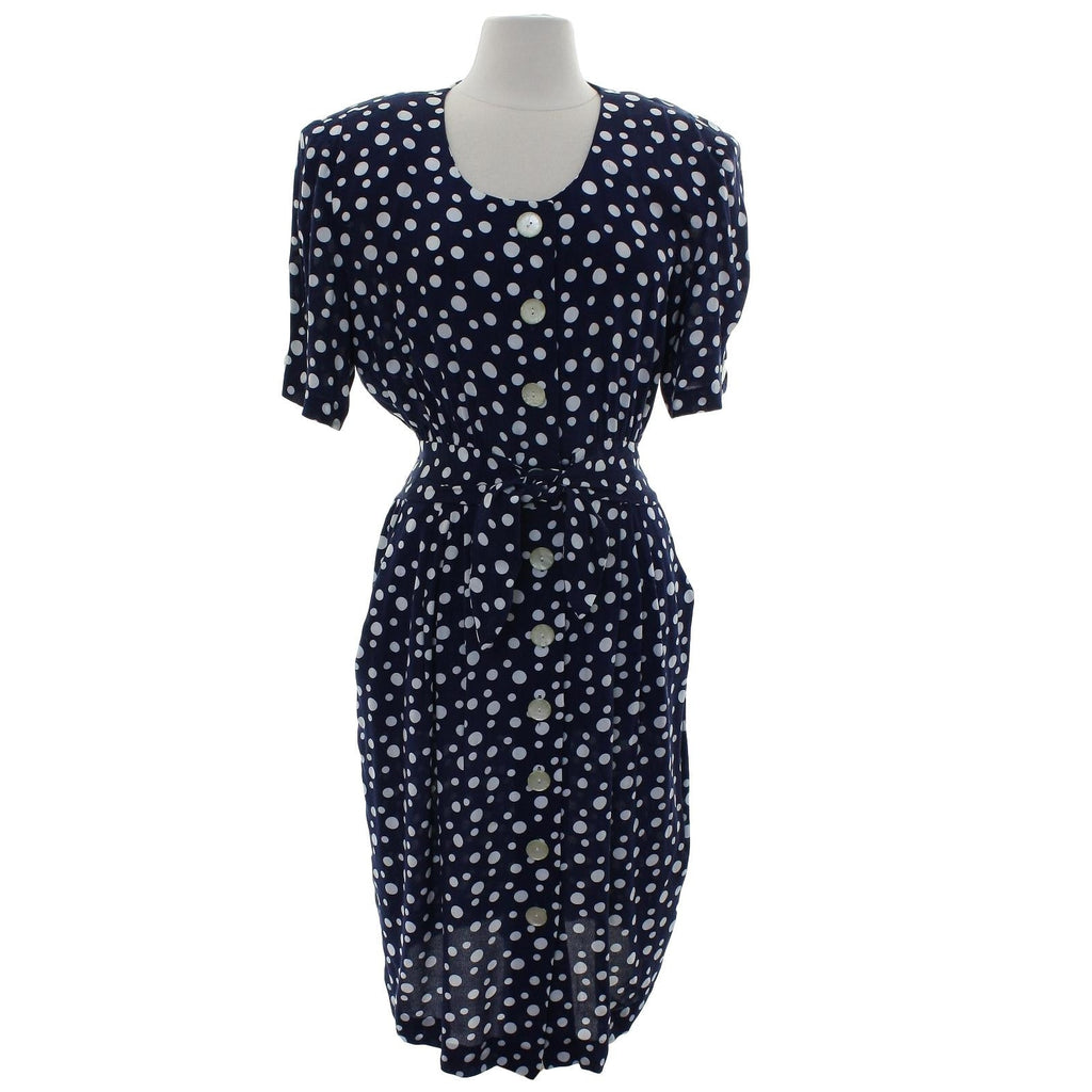Vintage 80s Women's 14 Karin Stevens Polka Dot Rayon Dress Navy White Tie