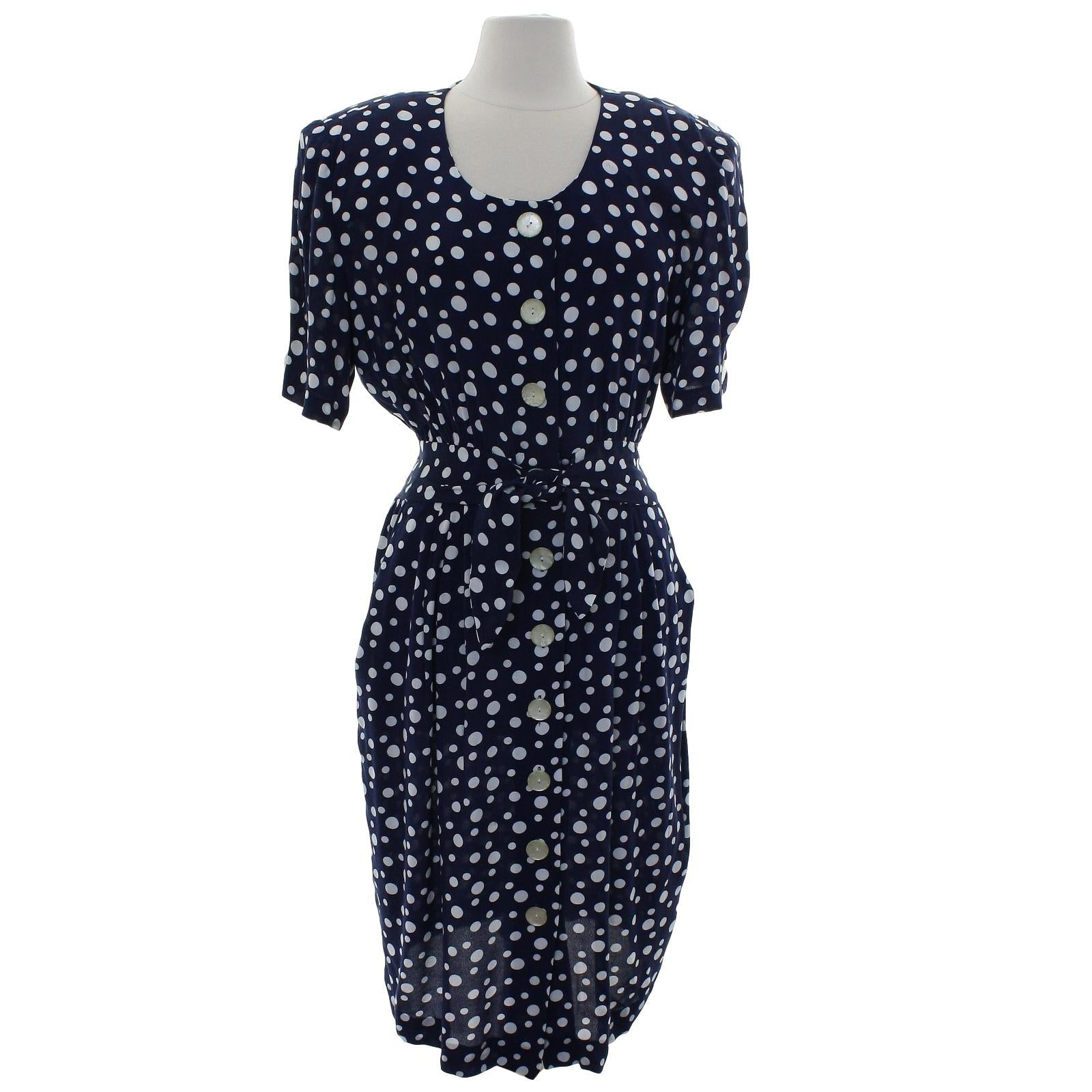 Vintage 80s Women's 14 Karin Stevens Polka Dot Rayon Dress Navy White Tie