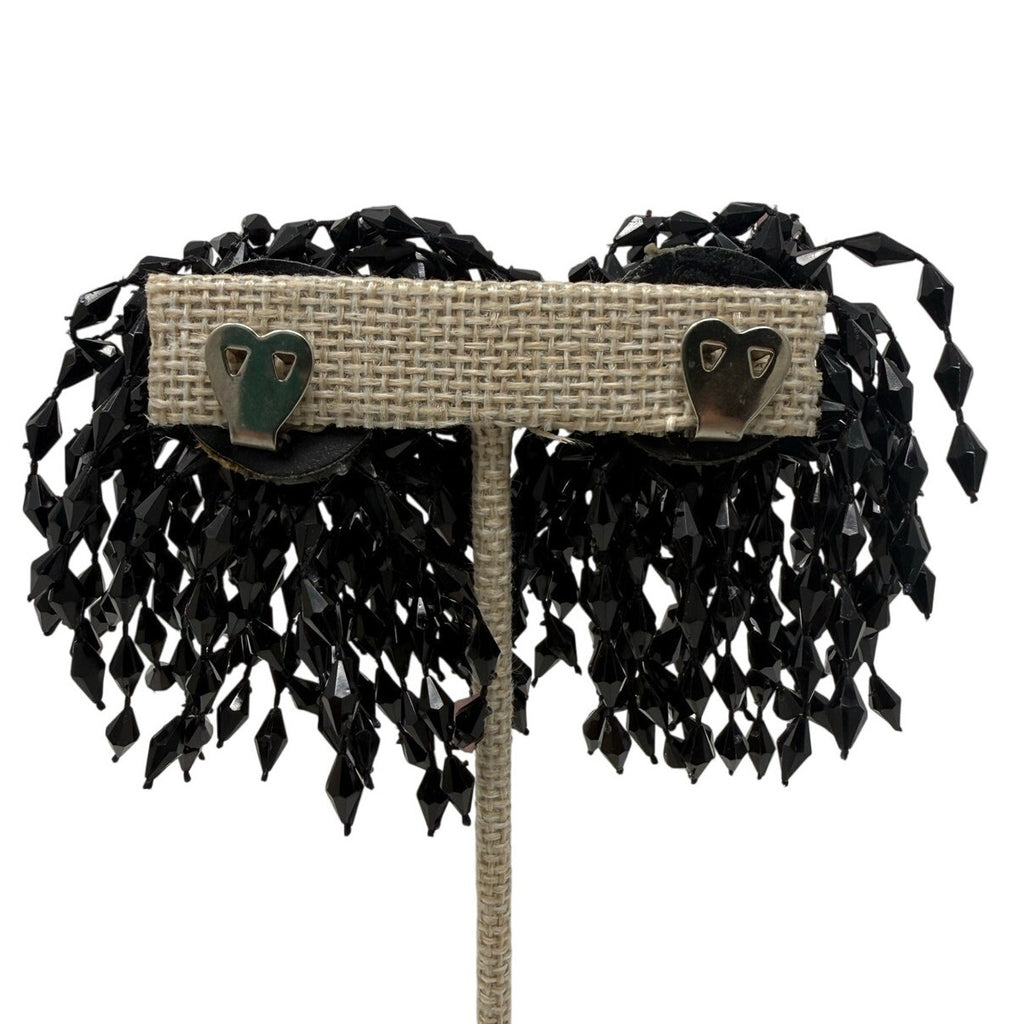 Vintage 1950s Black Beaded Fringe Shoe Clips Pair Retro Dress Accessories