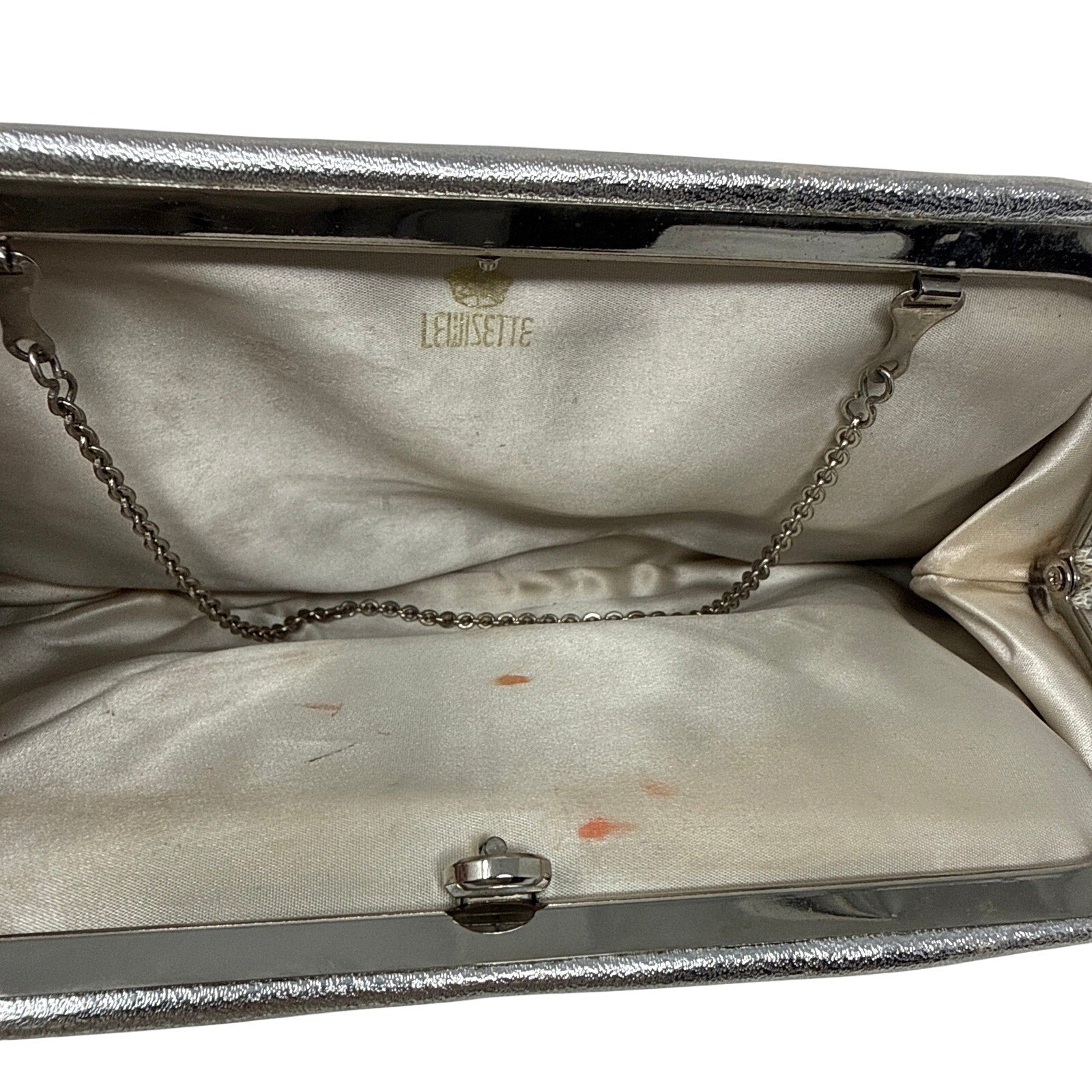 Vintage 70s Lewisette Silver Metallic Clutch Rhinestone Floral Latch