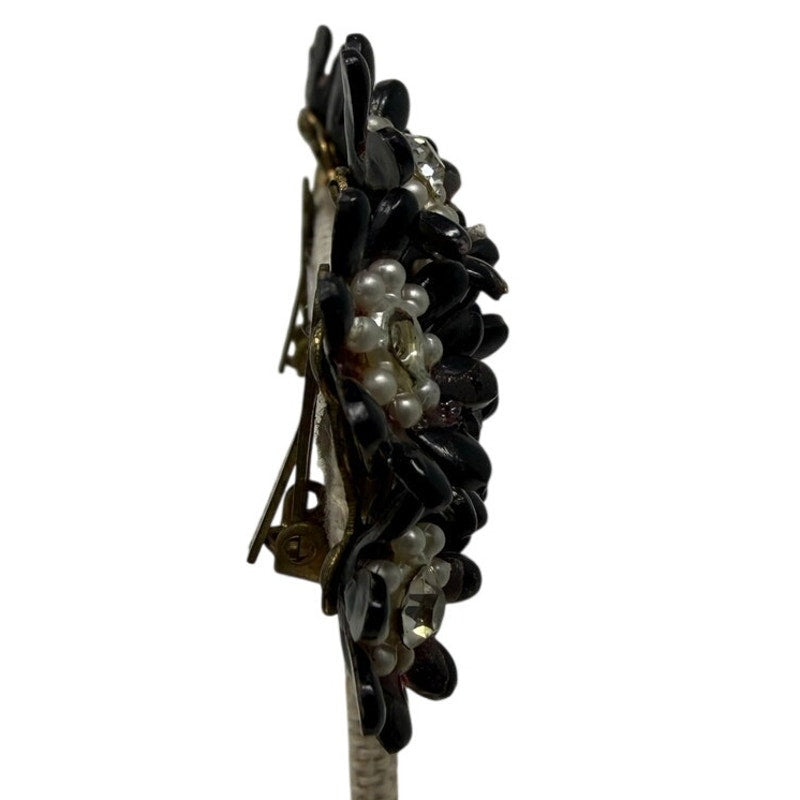 Vintage 1950s Black Daisy Rhinestone Clip On Earrings Floral 2”