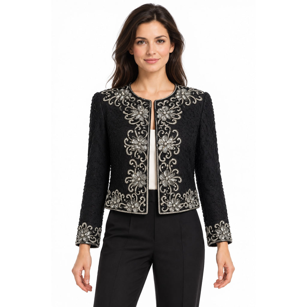Vintage 80s Nite Line Black Silk Silver Beaded Sequin Jacket Women's Medium