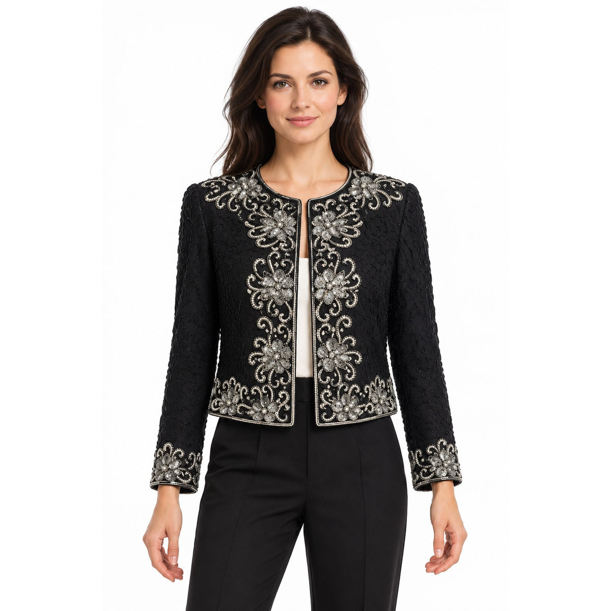 Vintage 80s Nite Line Black Silk Silver Beaded Sequin Jacket Women's Medium