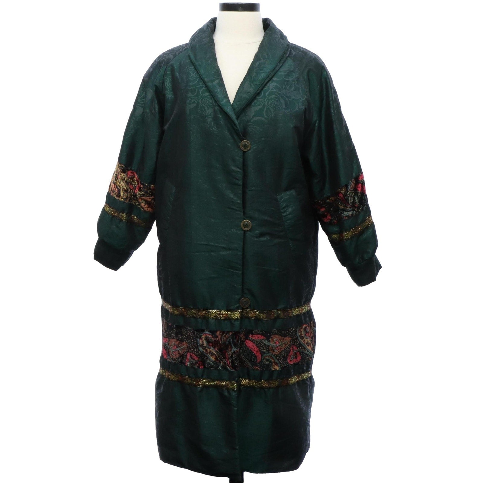 Vintage 80s Women’s XL OS International Green Rain Coat Floral Trim Midi