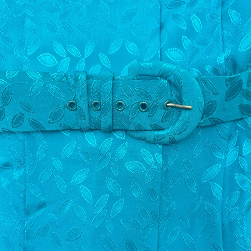 Vintage 70s Helga Turquoise Embossed Leaf Belted Midi Dress Women's Medium