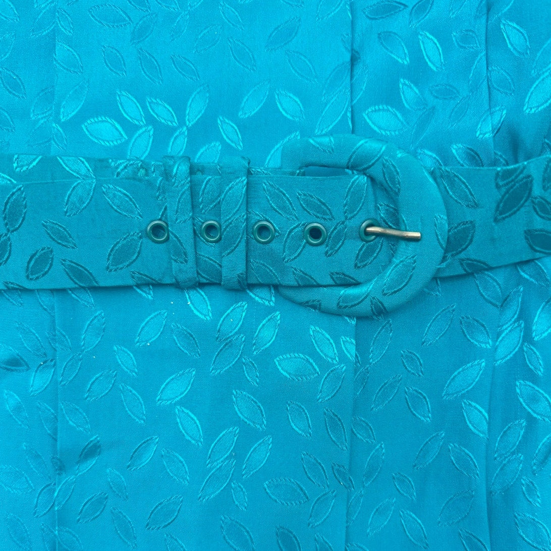 Vintage 70s Helga Turquoise Embossed Leaf Belted Midi Dress Women's Medium