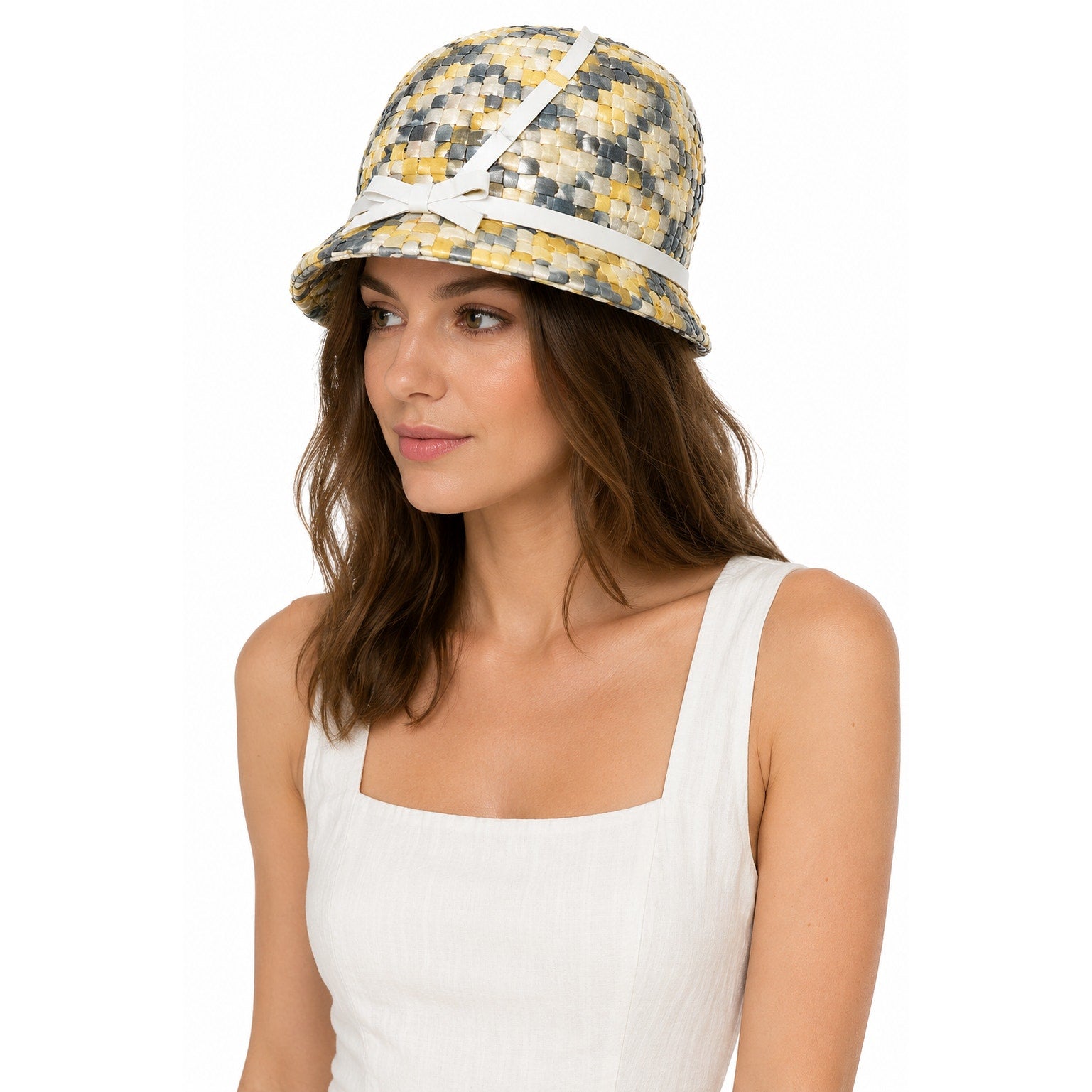 Vintage 1960s Mr John Classic Raffia Bucket Hat Yellow Gray White 7.5