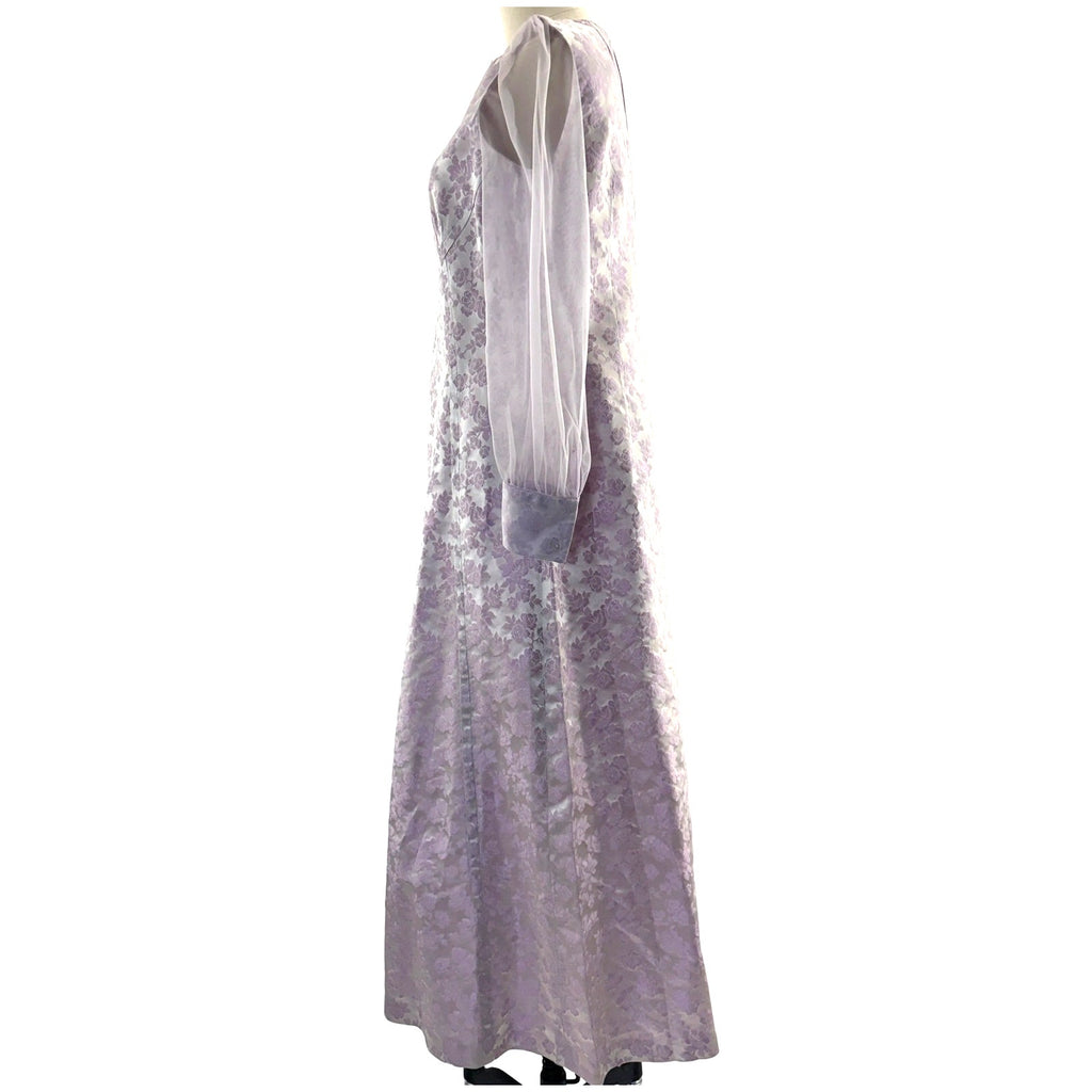 Vintage 60s Womens Medium Lavender Satin A-Line Maxi Dress Sheer Sleeve Floral
