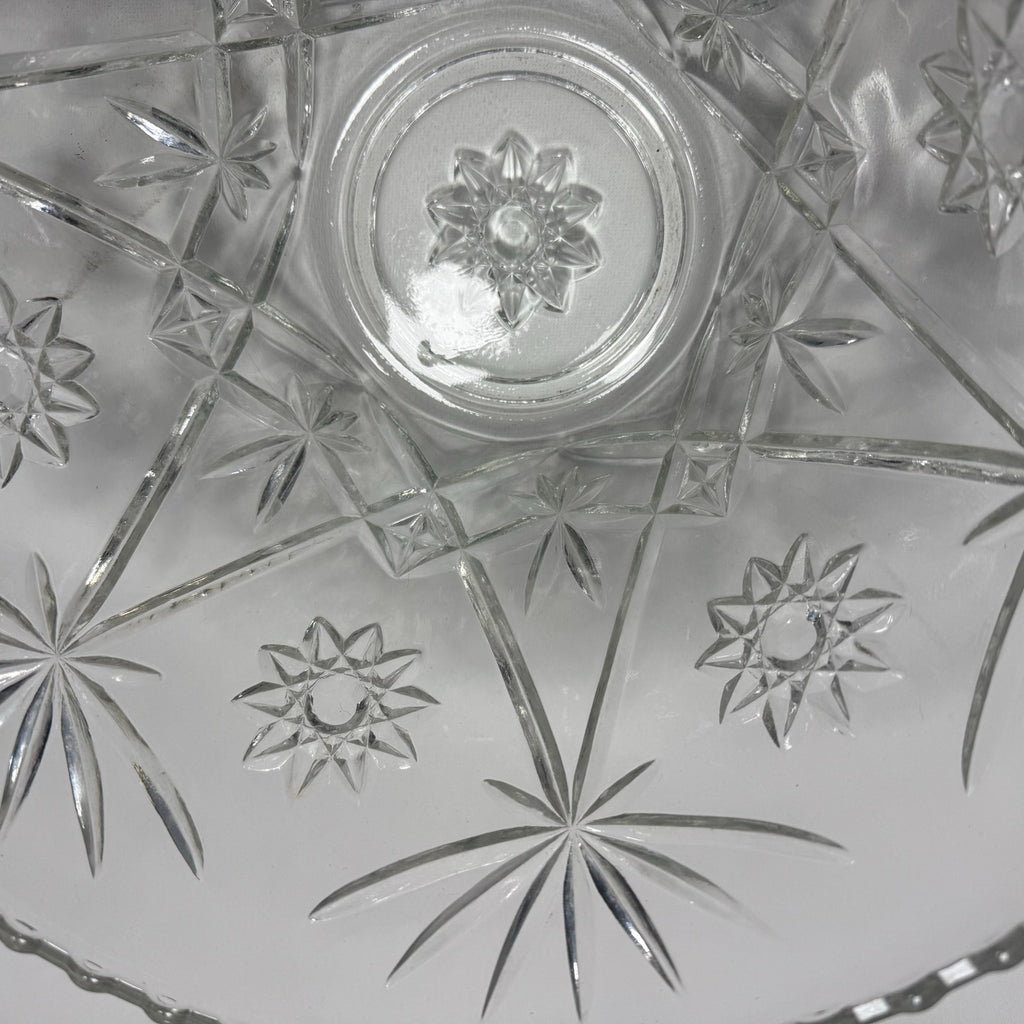 Vintage 70s Clear Glass Punch Bowl Set w/ 9 Cups Starburst Pattern 14” Large