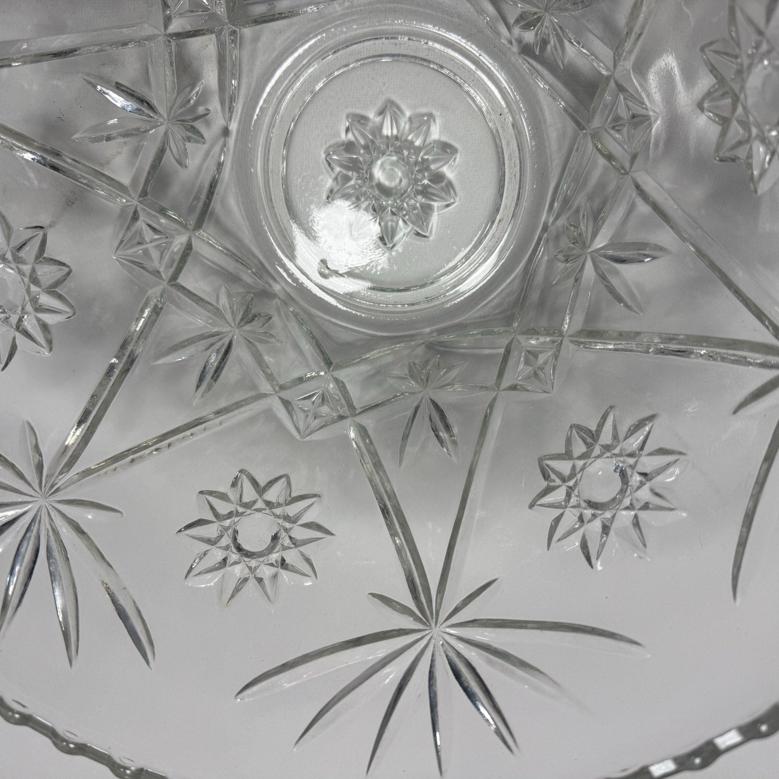 Vintage 70s Clear Glass Punch Bowl Set w/ 9 Cups Starburst Pattern 14” Large