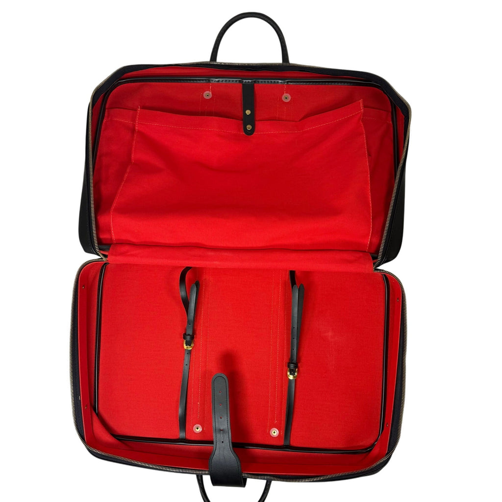 Vintage 70s Black Leather Luggage Briefcase Red Stripe Locking Travel Case