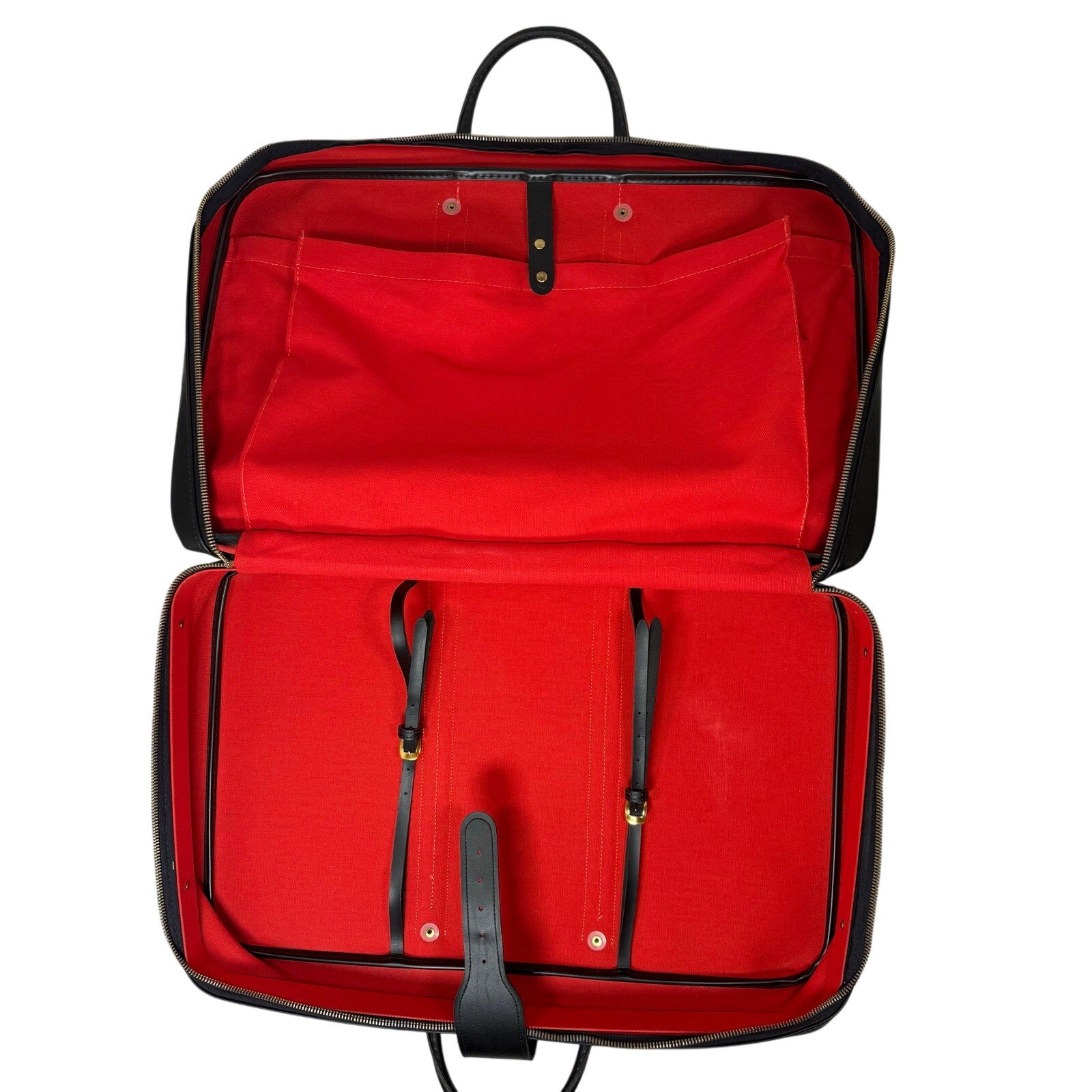 Vintage 70s Black Leather Luggage Briefcase Red Stripe Locking Travel Case
