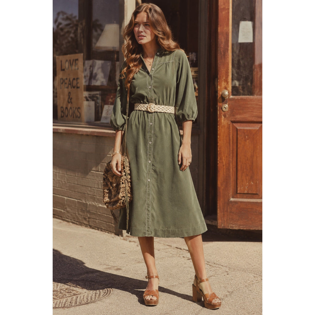 Vintage 70s Avocado Green Shirt Dress Macrame Belt Button Front Women's Medium