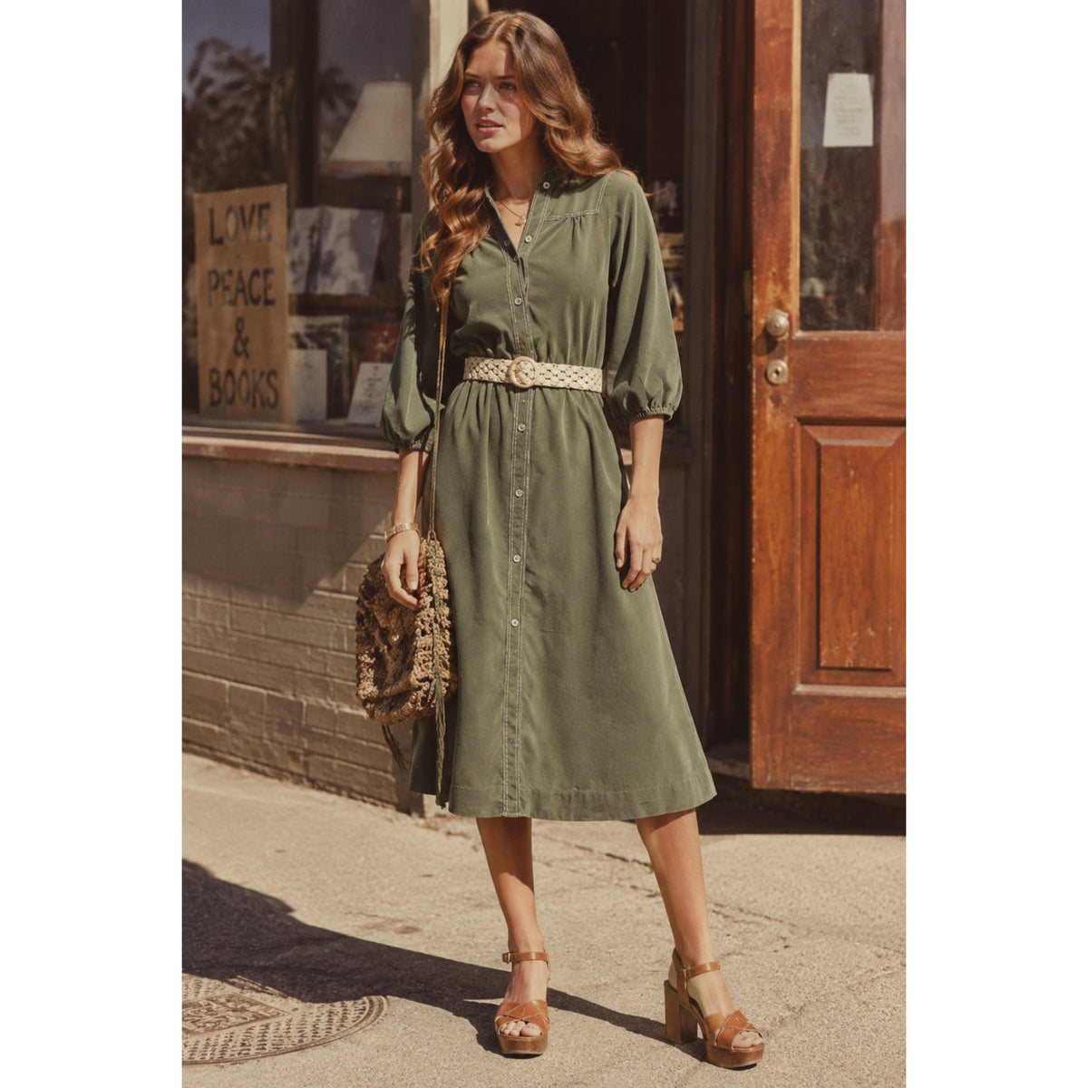 Vintage 70s Avocado Green Shirt Dress Macrame Belt Button Front Women's Medium