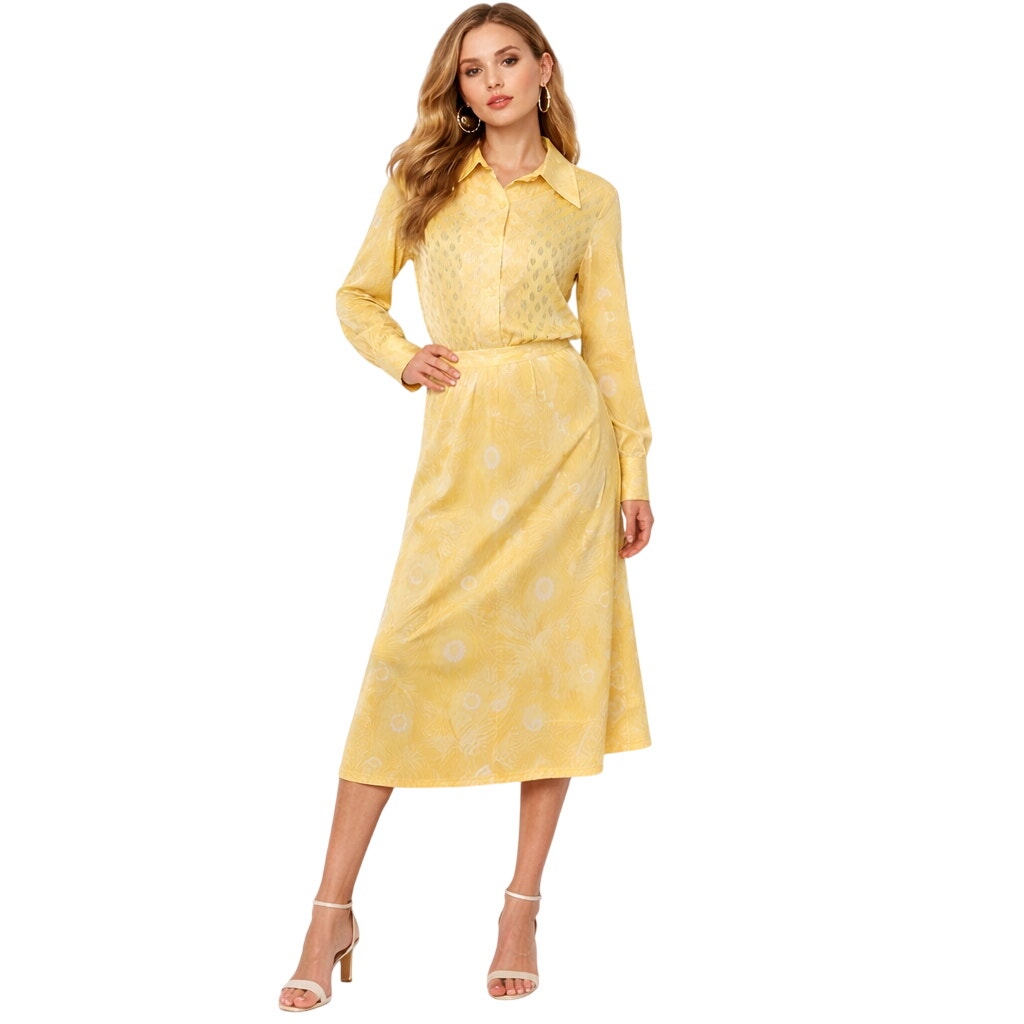 Vintage 70s Women's Medium Shirt & Skirt Set Sunny Yellow Polyester