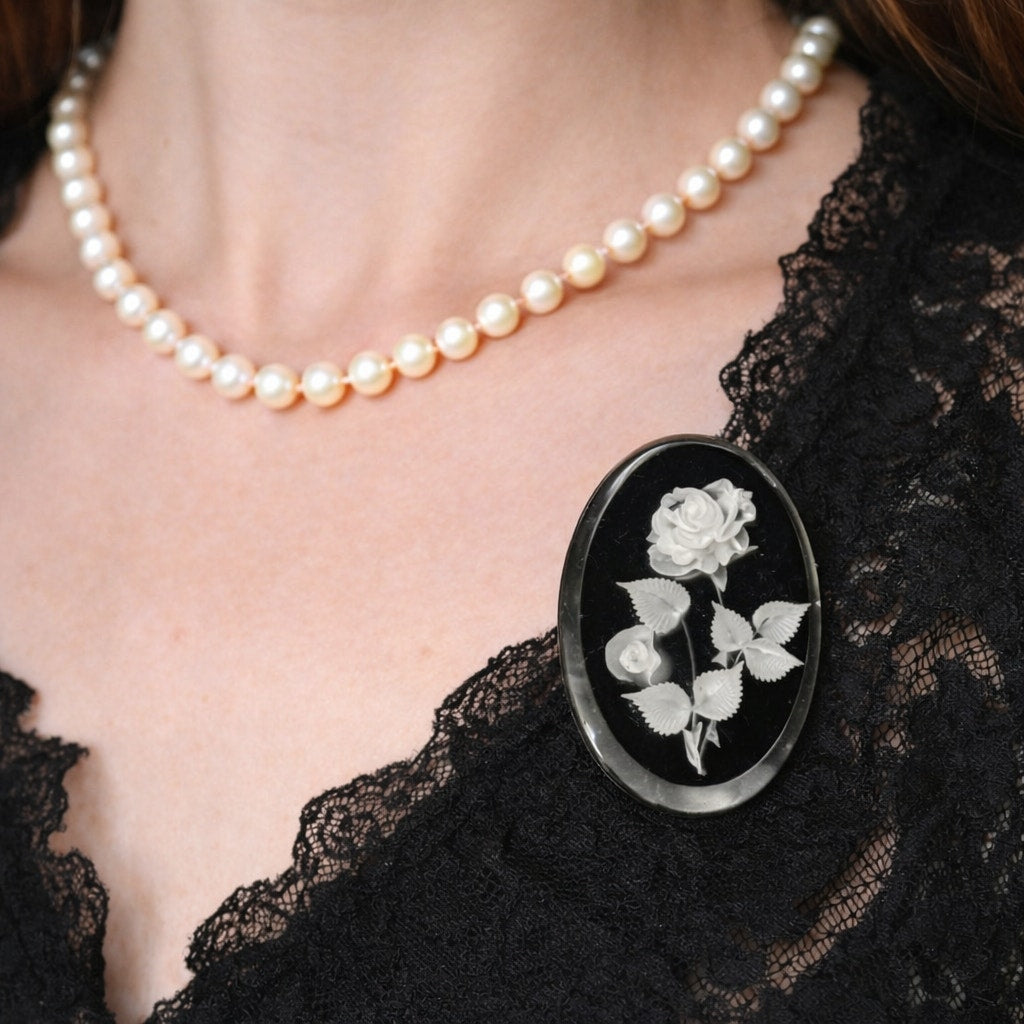 Vintage 60s Brooch Gem-Tone Handcarved Black with White Roses