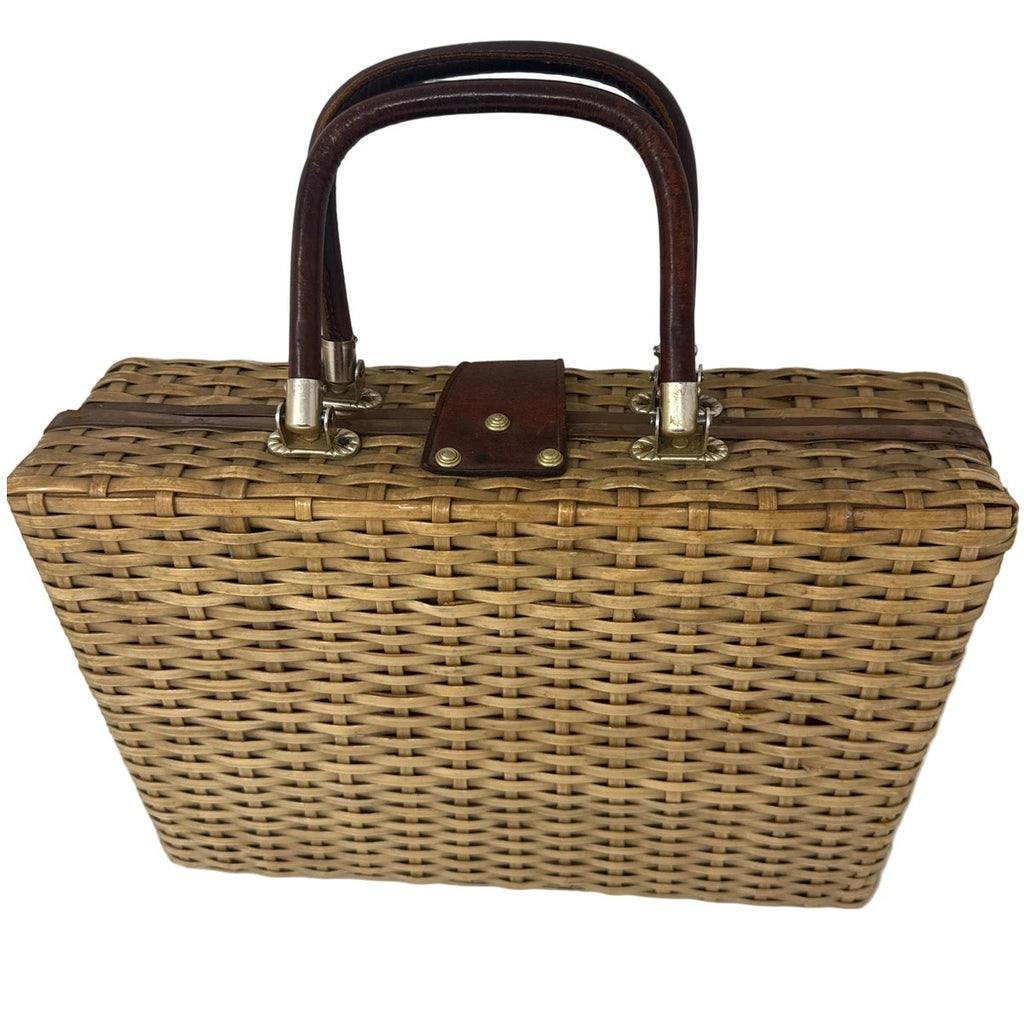Vintage 80s Wicker Suitcase Purse Structured Basket Handbag Hong Kong