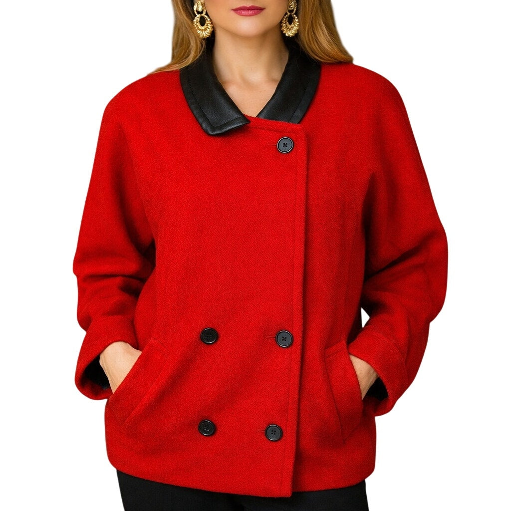 Vintage 80s Women's Medium Red Wool Jacket Black Leather Collar Power Shoulder