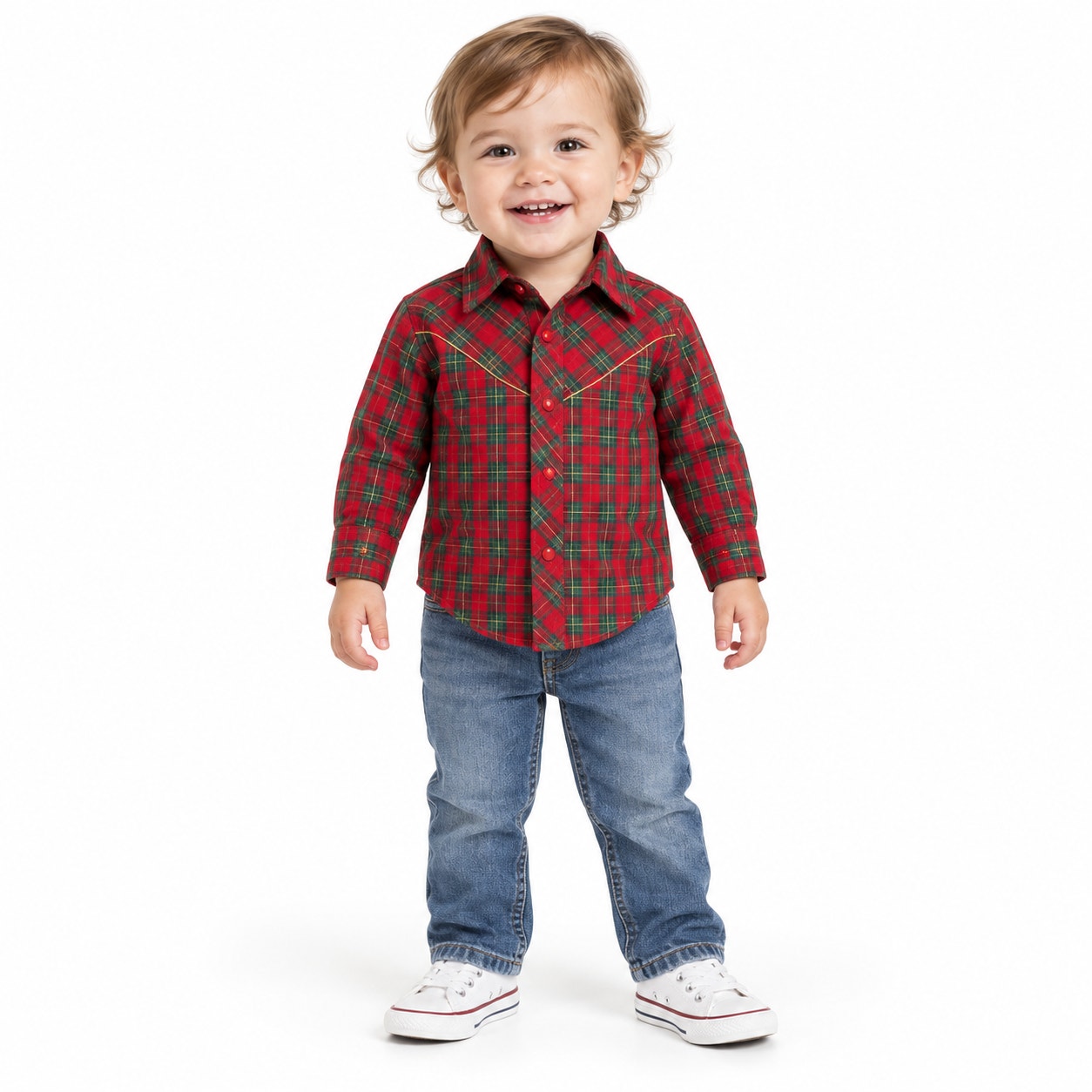 Vintage 1980s Kid Kountry Boys Red Plaid Western Snap Shirt Made USA