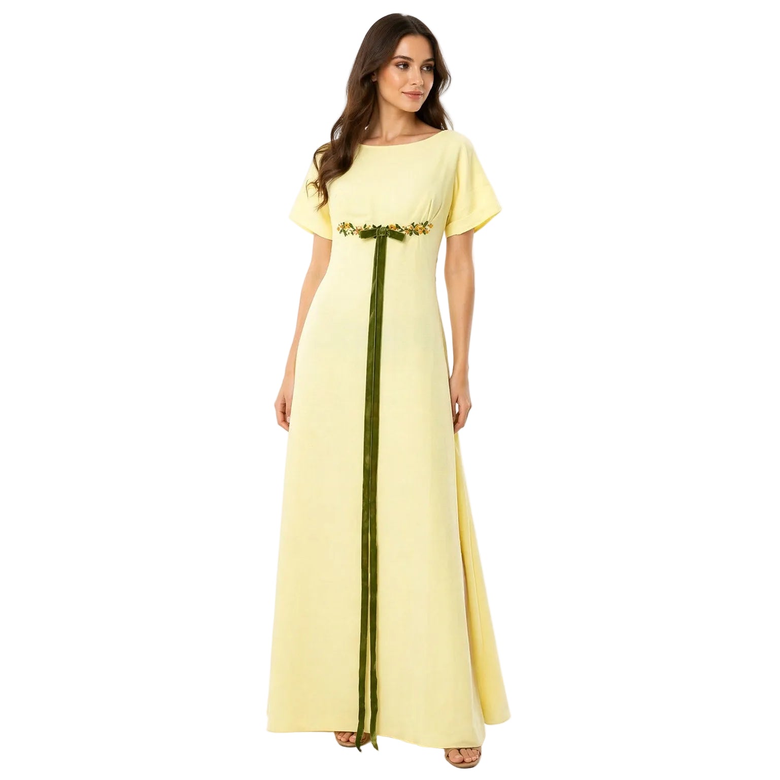 Vintage 60s Women's XS Yellow Empire Waist Maxi Dress Floral Velvet Ribbon