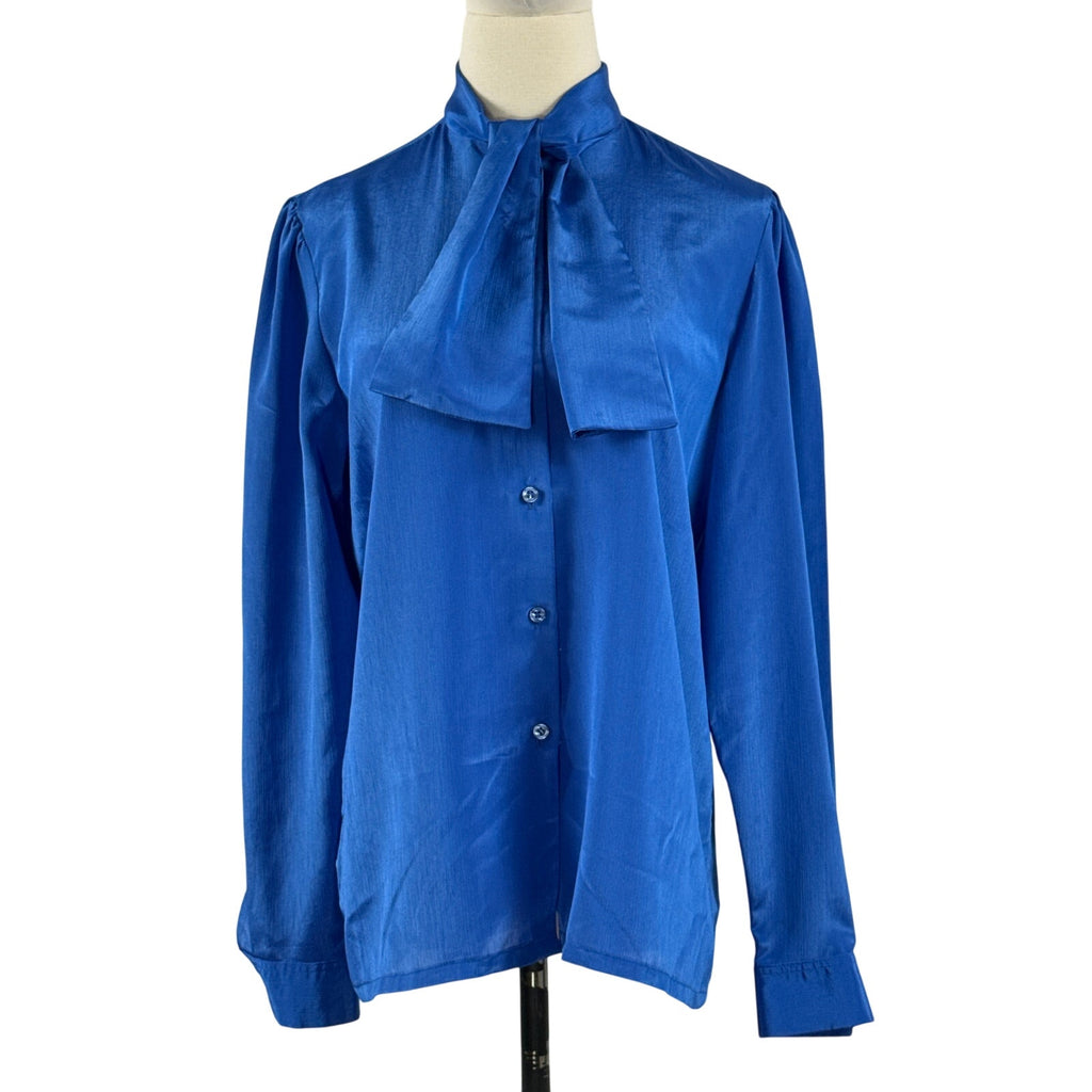 Vintage 70s Koret Career Cobalt Blue Tie Neck Blouse Womens Medium