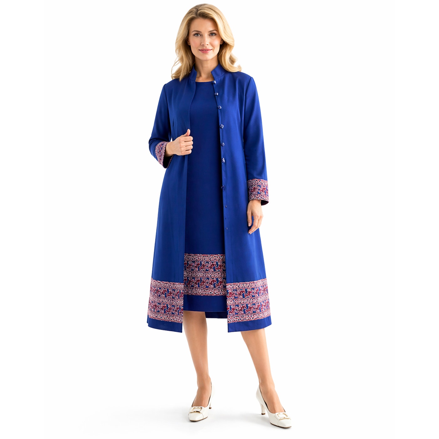 Vintage 70s Women's Large Leslie Pomer Navy Dress & Jacket Set Pattern Trim