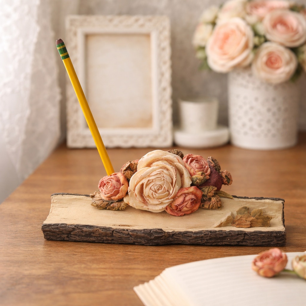 Vintage 90s Office Desk Pen Holder Resin Rustic Rose Floral Wood 8x4