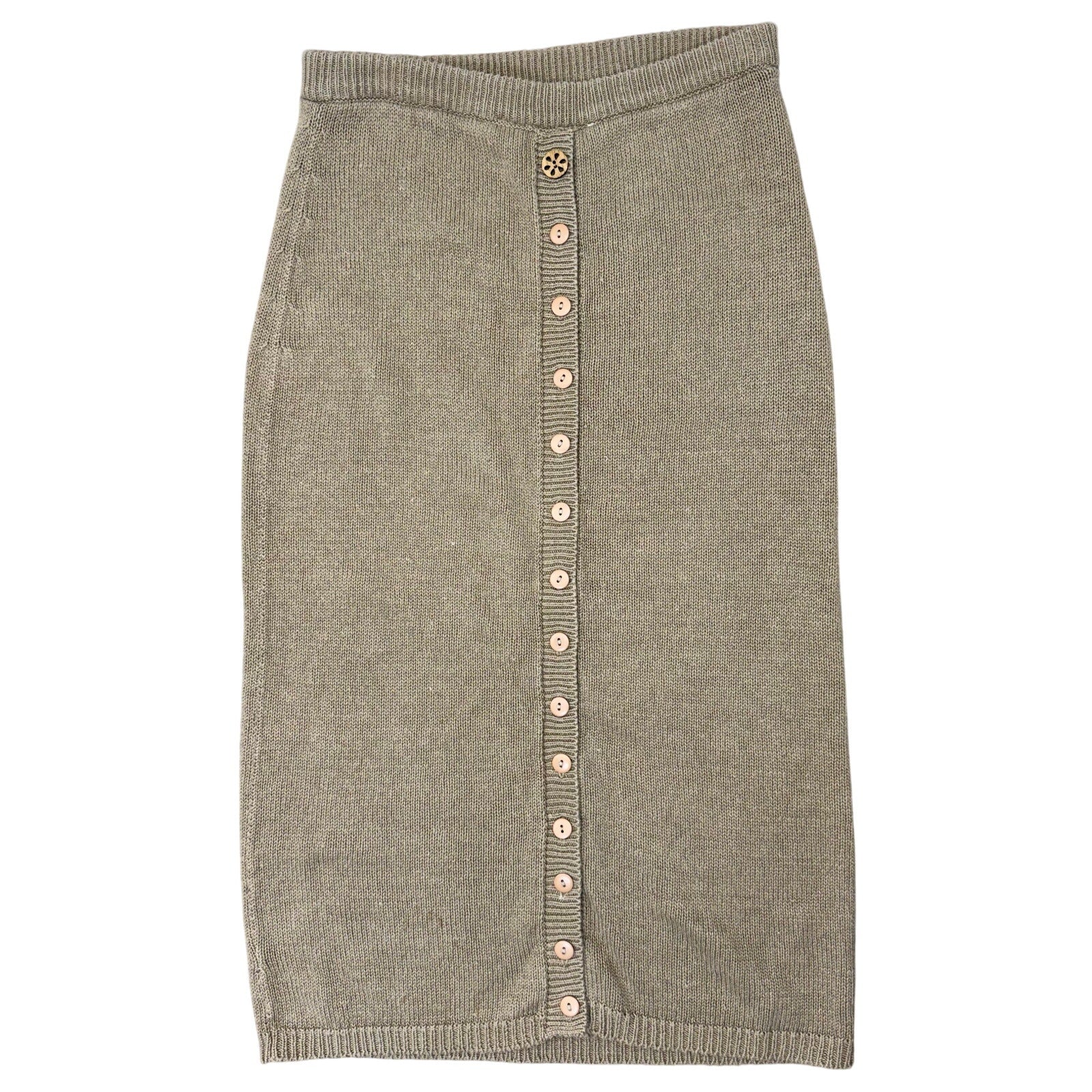 Vintage 1980s Women's Large Haberdasher Taupe Knit Midi Skirt Button Back Elastic