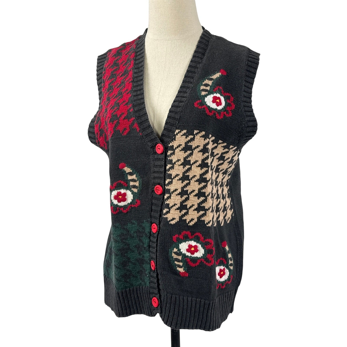 Vintage 90s Black Houndstooth Cornucopia Button Front Sweater Vest Women's Small