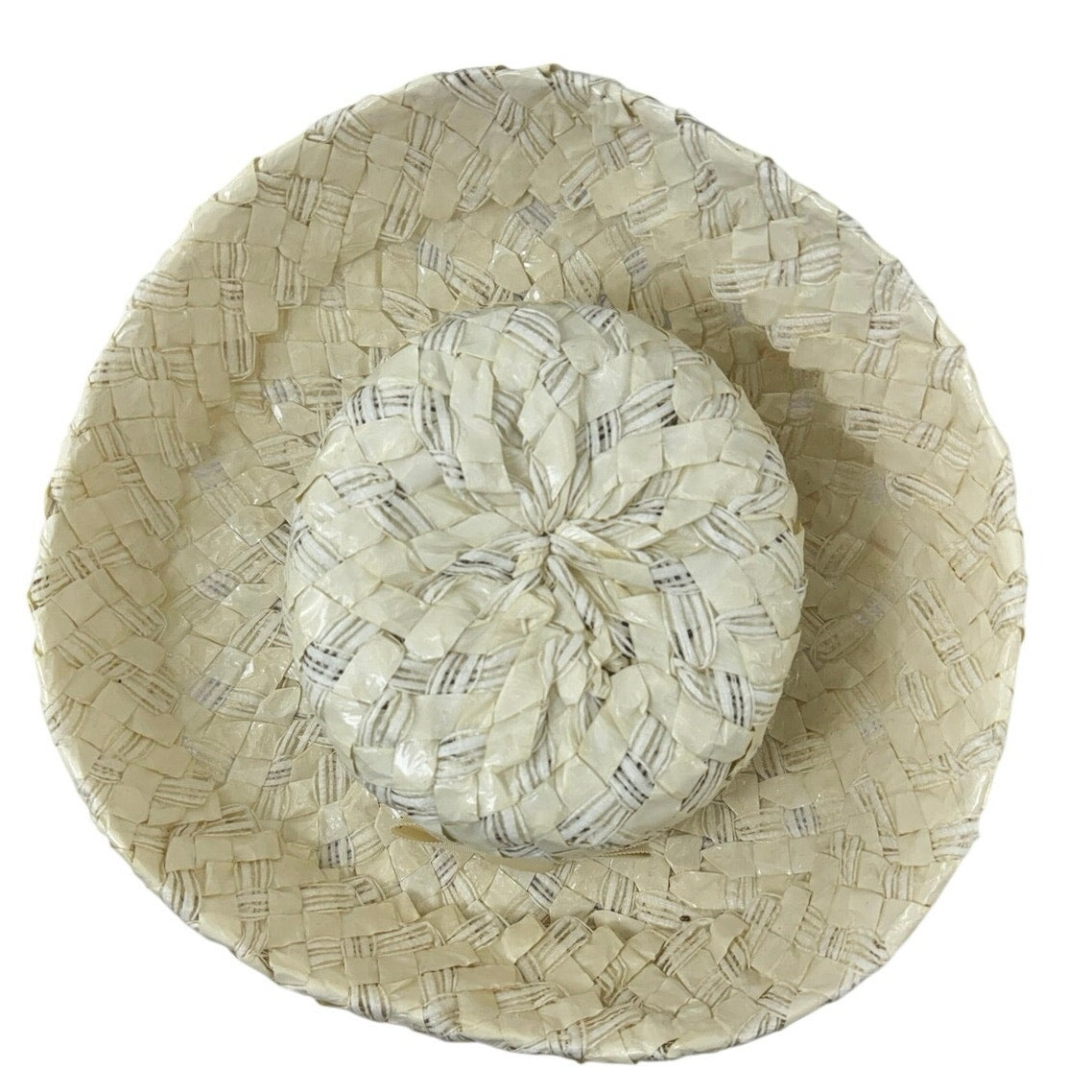 Vintage 60s Leslie James Straw Wide Brim Floral Lace Sun Hat Cream