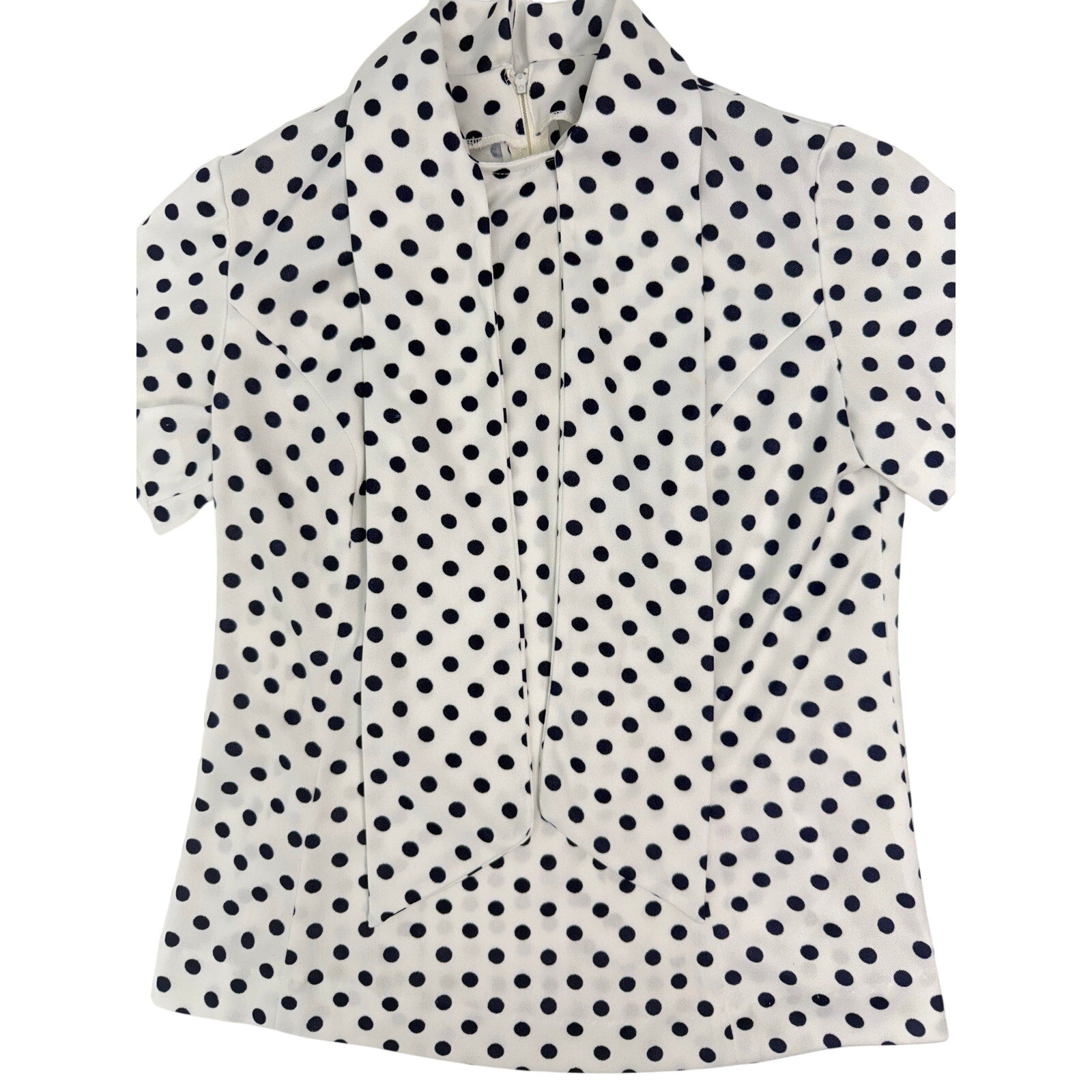 Vintage 70s White Black Polka Dot Tie Neck Blouse Top Women's 34 Bust