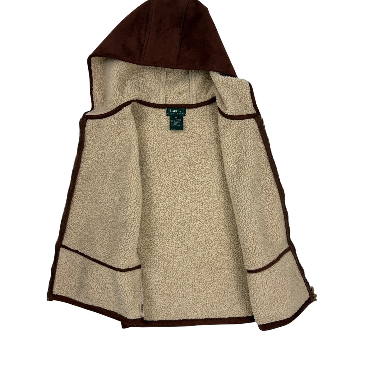 Vintage 90s Lauren Ralph Lauren Womens M Brown Faux Suede Sherpa Hooded Vest