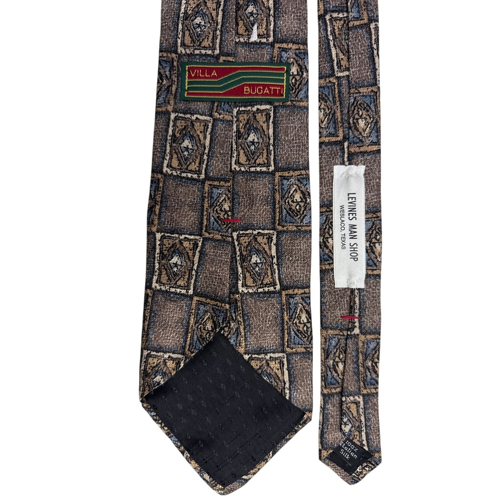 Vintage 90s Villa Bugatti Men's Silk Tie Brown Blue Geometric Check