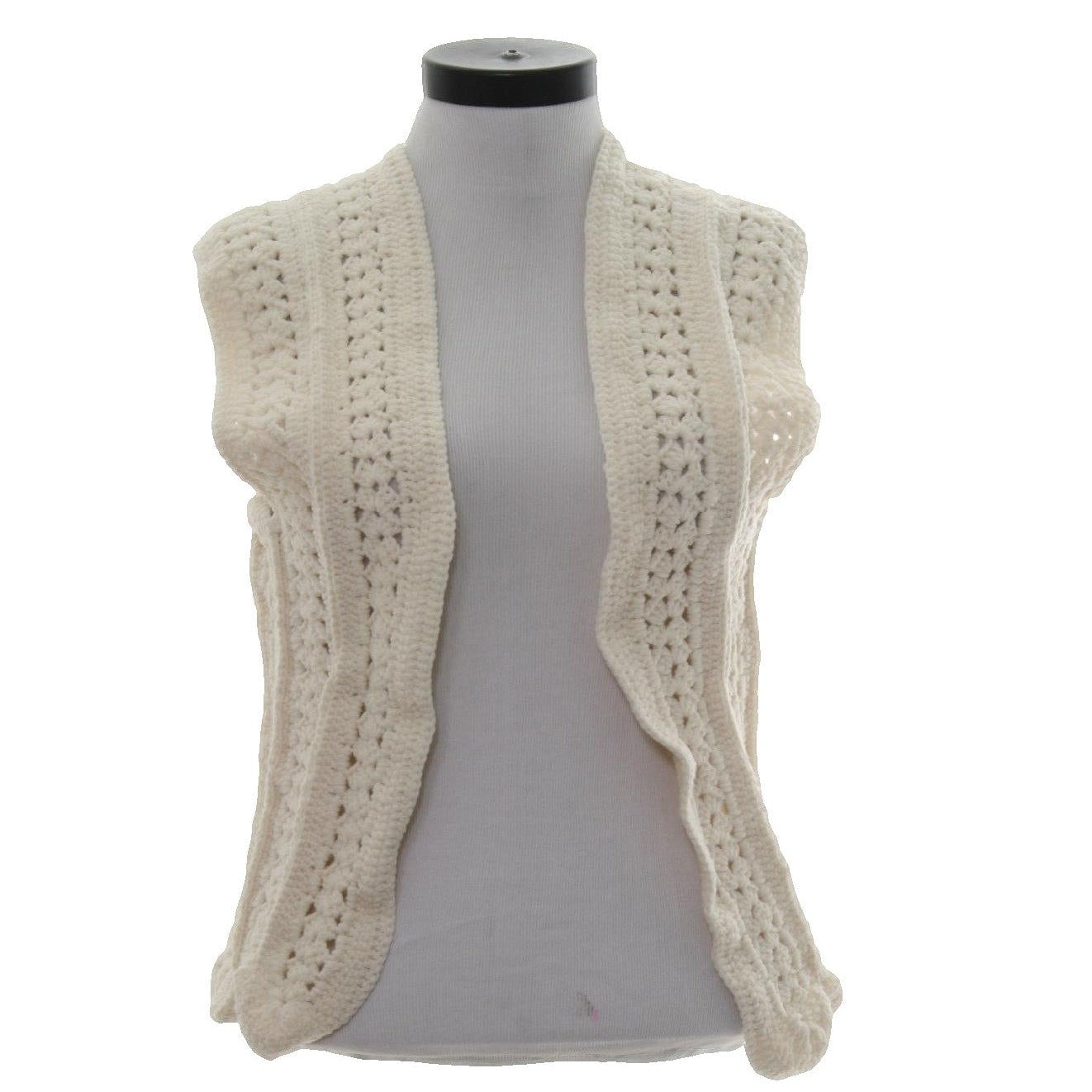Vintage 70s Hand Crochet Cream Acrylic Boho Open Front Sweater Vest