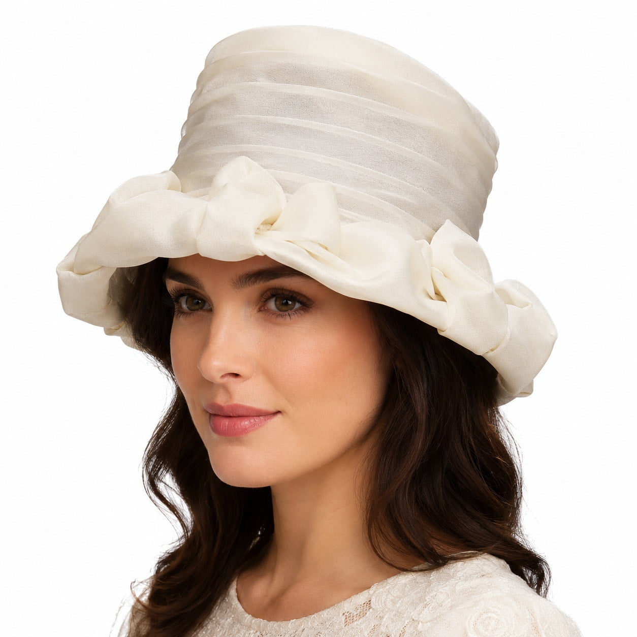 Vintage 1960s Cream Bow Cloche Hat Sheer Layered Brim Formal Church