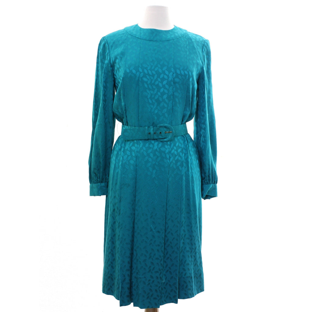 Vintage 70s Helga Turquoise Embossed Leaf Belted Midi Dress Women's Medium