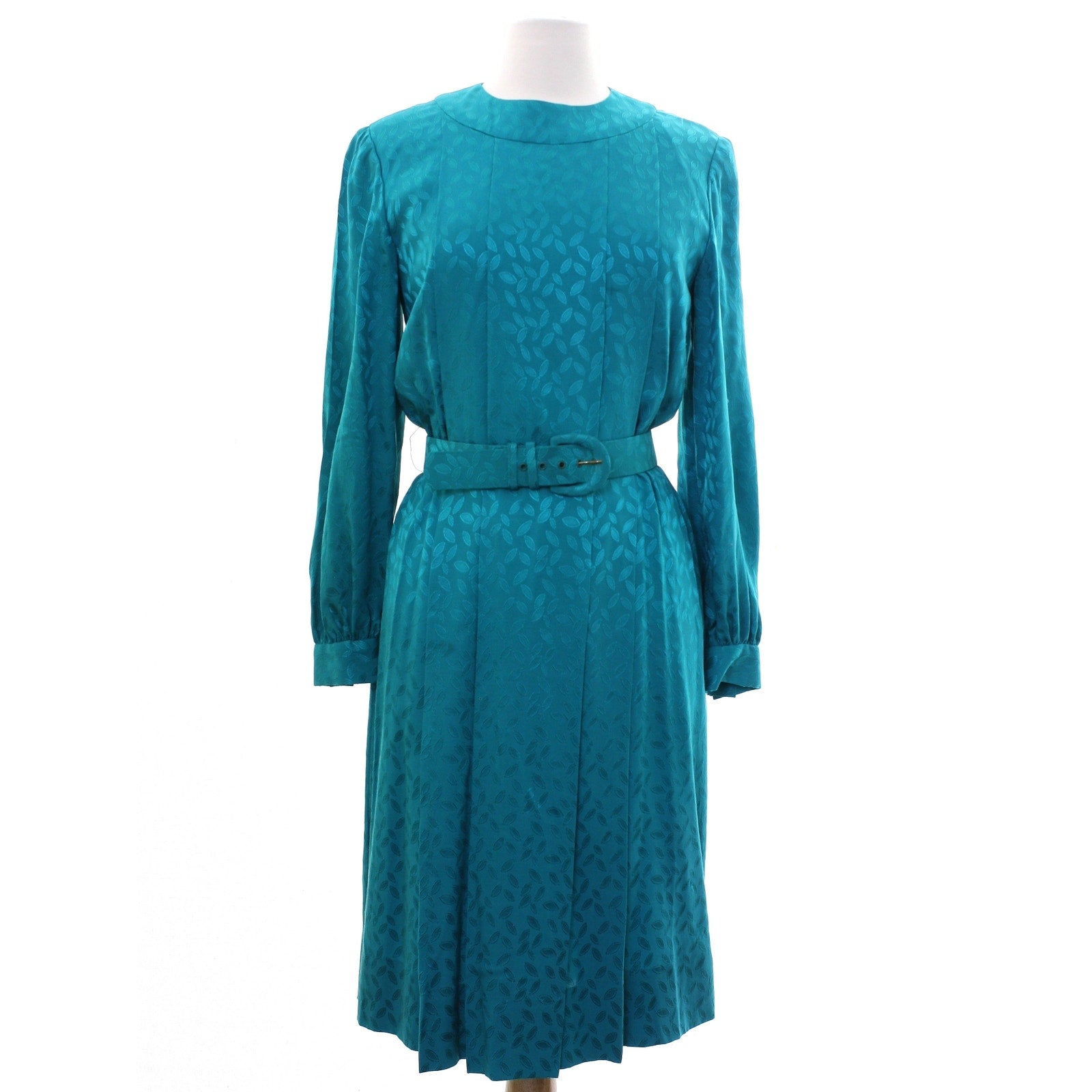 Vintage 70s Helga Turquoise Embossed Leaf Belted Midi Dress Women's Medium