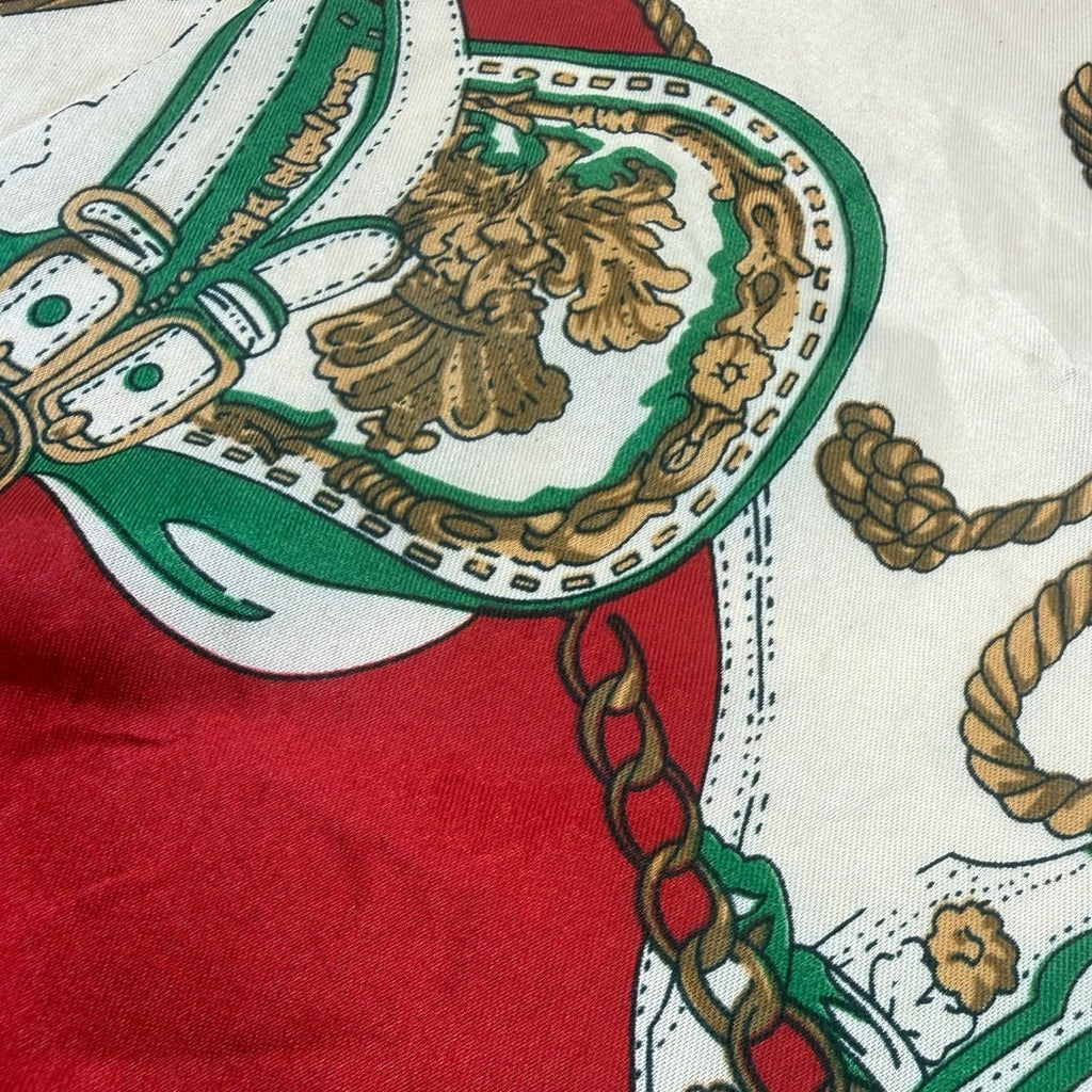 Equestrian Chain Print Square Scarf Red Green Gold 19x19 Hair Neck Bag Tie