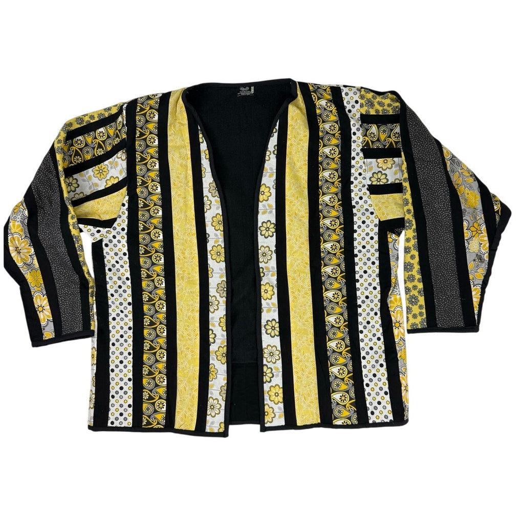 Vintage 1970s Handmade Quilted Jacket Yellow Black Patchwork Women’s L/XL