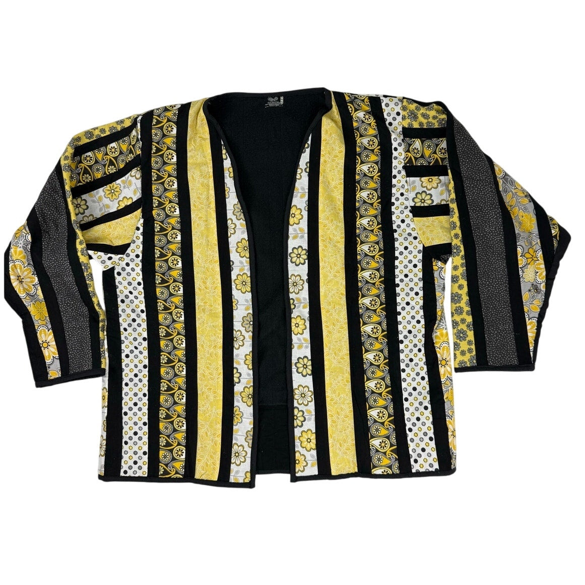 Vintage 1970s Handmade Quilted Jacket Yellow Black Patchwork Women’s L/XL