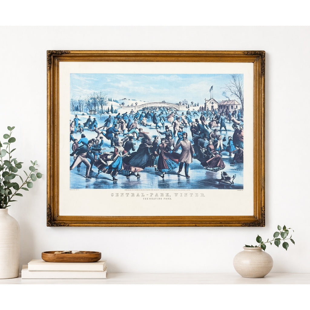 Currier & Ives Central Park Winter Skating Pond Print Vintage Frame MCM