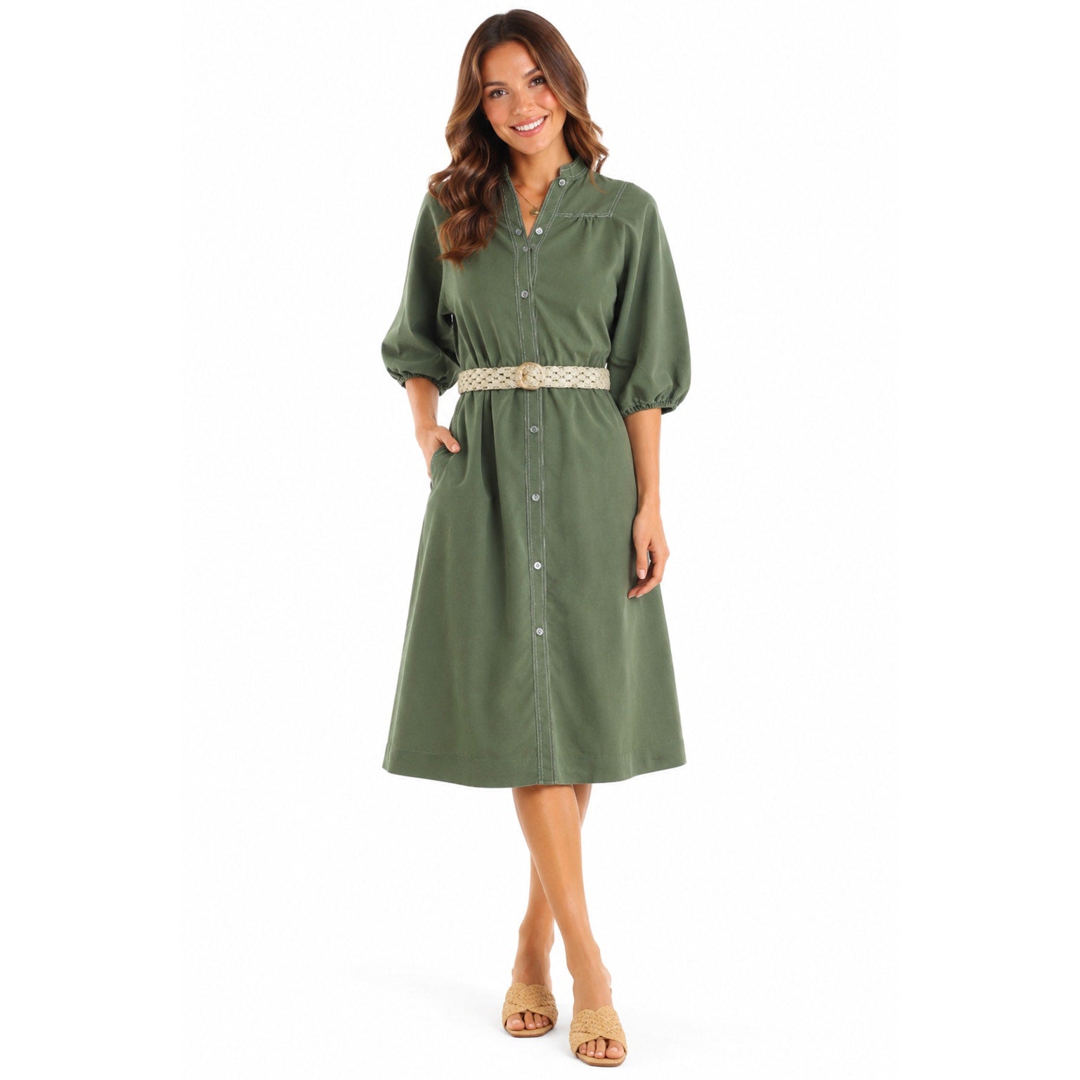Vintage 70s Avocado Green Shirt Dress Macrame Belt Button Front Women's Medium