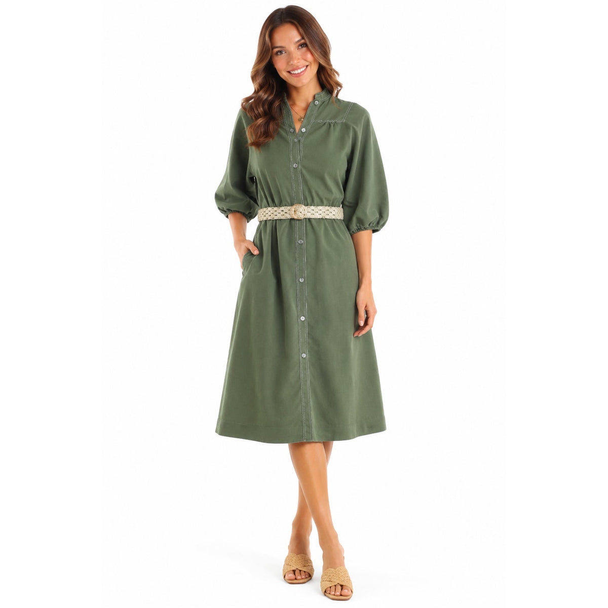 Vintage 70s Avocado Green Shirt Dress Macrame Belt Button Front Women's Medium