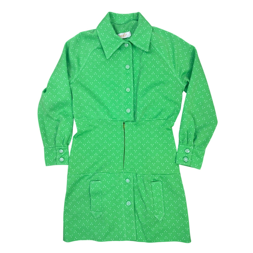 Vintage 70s Catalina Green Mod Mini Shirt Dress Polyester Knit Small